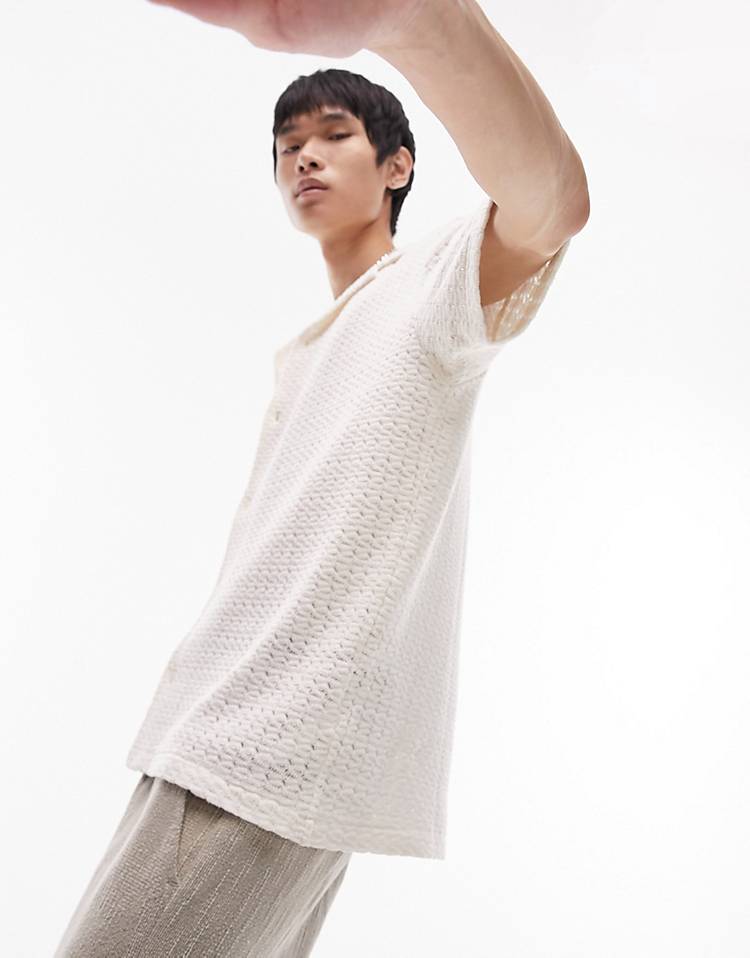 Topman short sleeve extreme oversized crochet texture jersey shirt in ecru